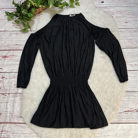 RAMY BROOK Black Cold Shoulder Long Sleeve Ruched Drop Waist Mini Dress - Picture 7 of 13